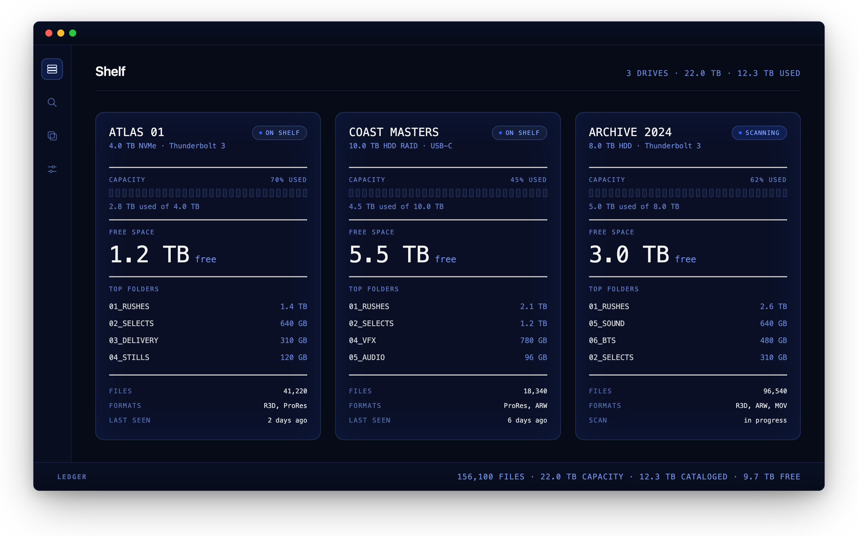 Guardian's shelf view: cataloged drives with segmented capacity gauges and free-space figures.